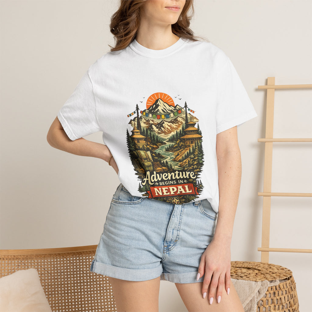 Adventure Begins in Nepal T-Shirt | Mountain Trekking Graphic Tee