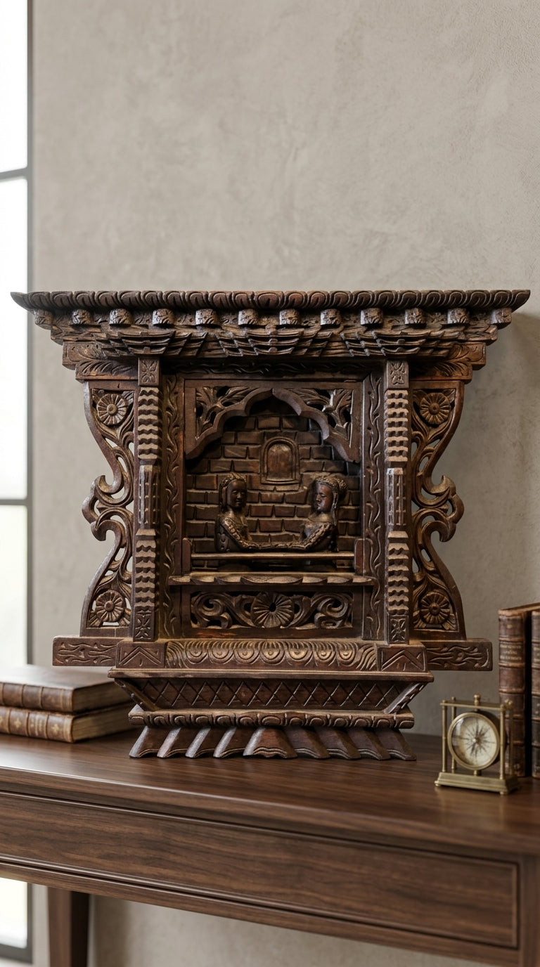 Newari Wooden Couple Window Sculpture – Handcrafted Halusi Wood Art