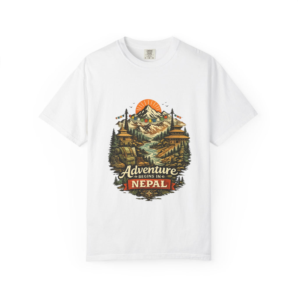 Adventure Begins in Nepal T-Shirt | Mountain Trekking Graphic Tee