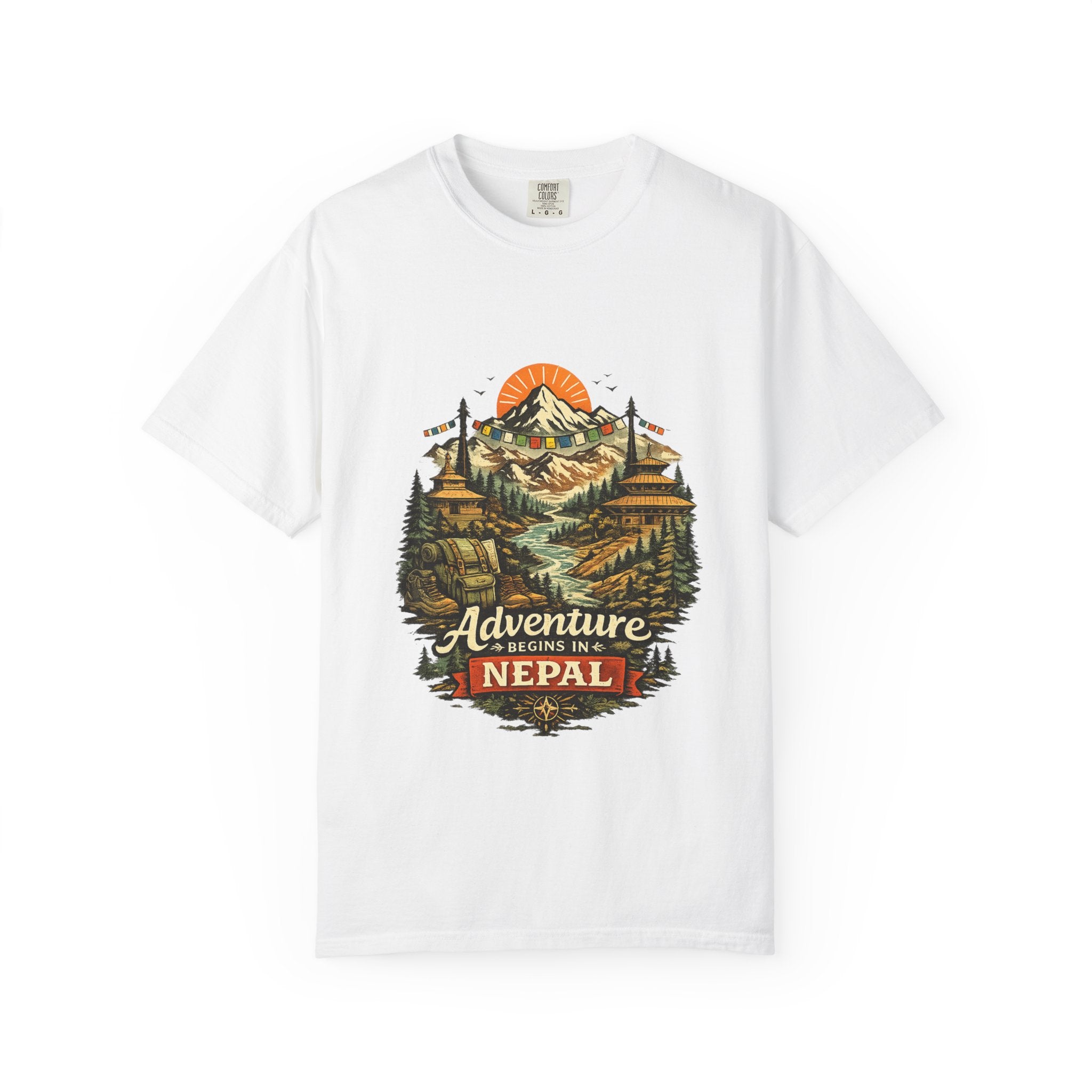 Adventure Begins in Nepal T-Shirt | Mountain Trekking Graphic Tee
