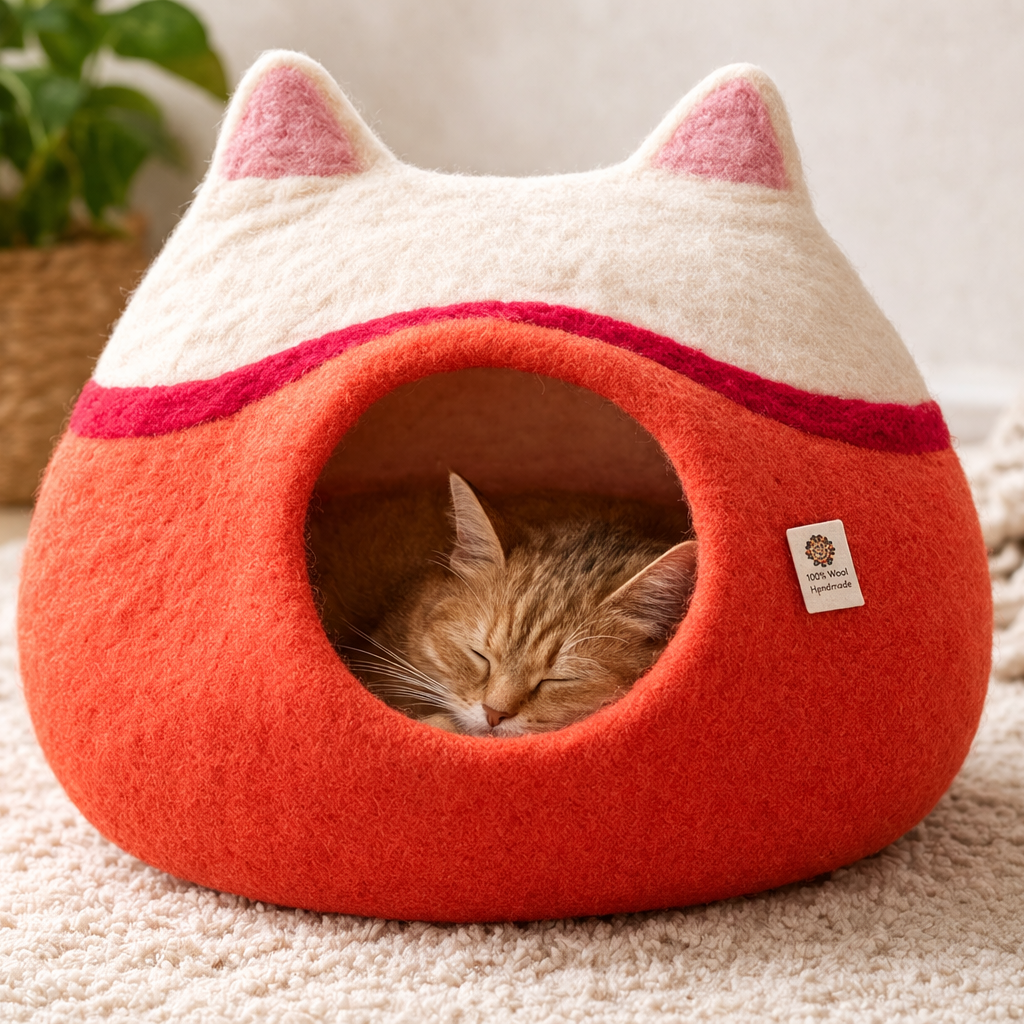 Handmade Wool Cat Cave Bed – Cozy Felt Pet House