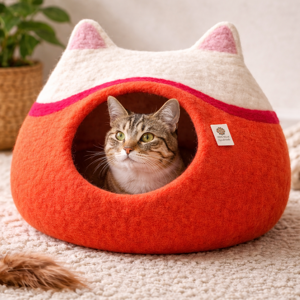 Handmade Wool Cat Cave Bed – Cozy Felt Pet House
