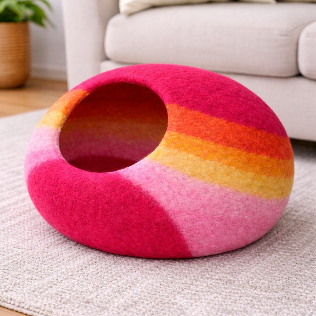 Handmade Wool Cat Cave Bed – Pink Sunset Felt Pet House