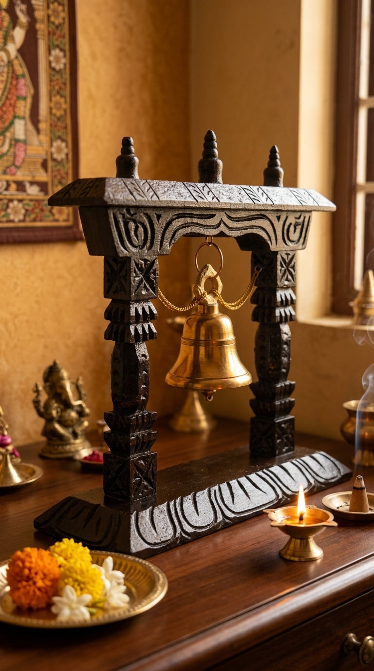 Black Wooden Bell Stand – Traditional Handcrafted Table Decor