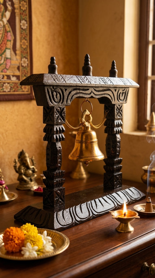 Black Wooden Bell Stand – Traditional Handcrafted Table Decor