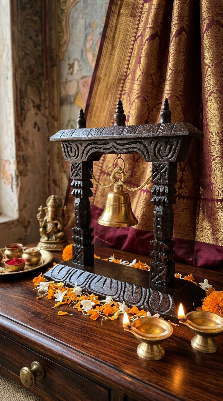 Black Wooden Bell Stand – Traditional Handcrafted Table Decor