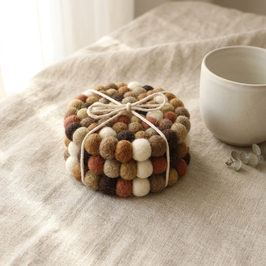 Handmade Felt Ball Coasters – Earth Tone Wool Drink Coaster Set