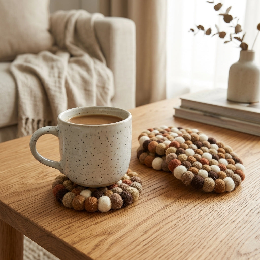 Handmade Felt Ball Coasters – Earth Tone Wool Drink Coaster Set