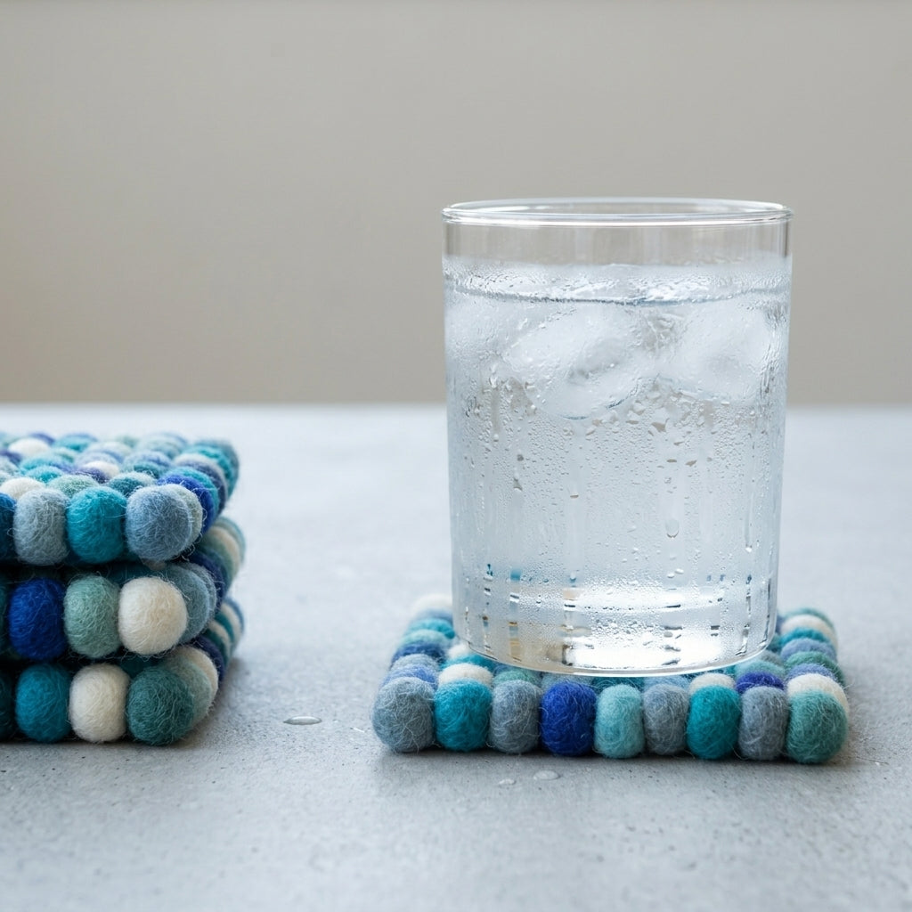 Handmade Felt Ball Coasters – Ocean Blue Wool Drink Coaster Set