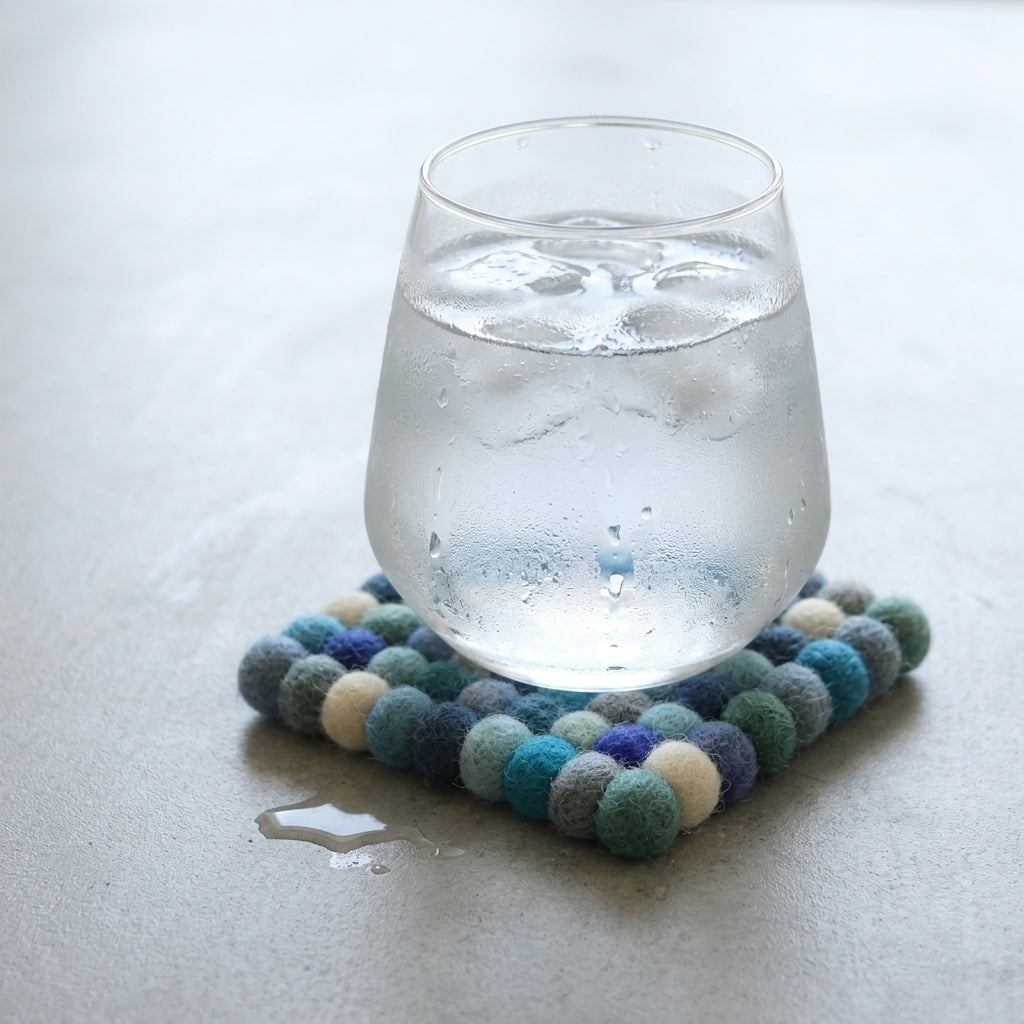 Handmade Felt Ball Coasters – Ocean Blue Wool Drink Coaster Set