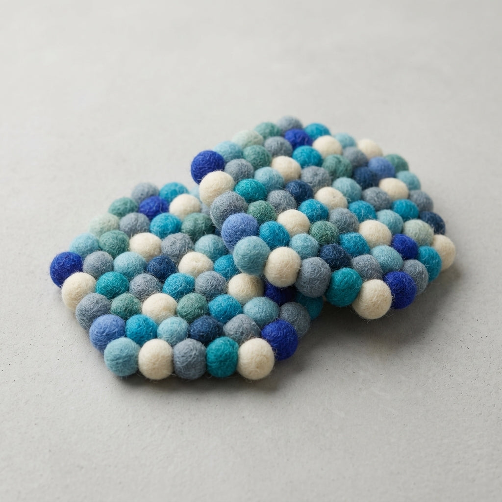 Handmade Felt Ball Coasters – Ocean Blue Wool Drink Coaster Set