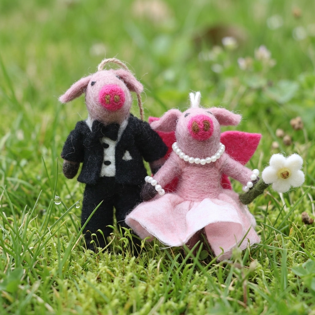 Handmade Felt Pig Couple Ornament – Wool Wedding Cat Decoration