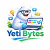 Yeti Bytes logo with a yeti character using a laptop on a black background