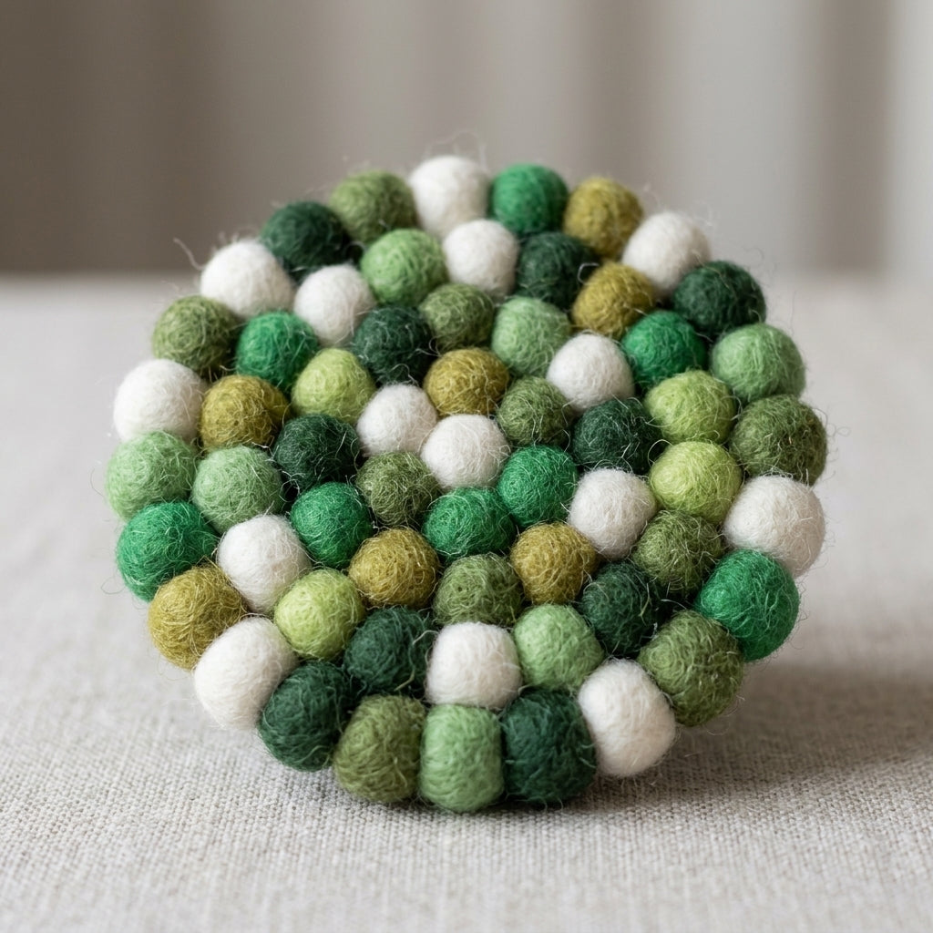 Handmade Green Felt Ball Coasters – Wool Drink Coaster Set