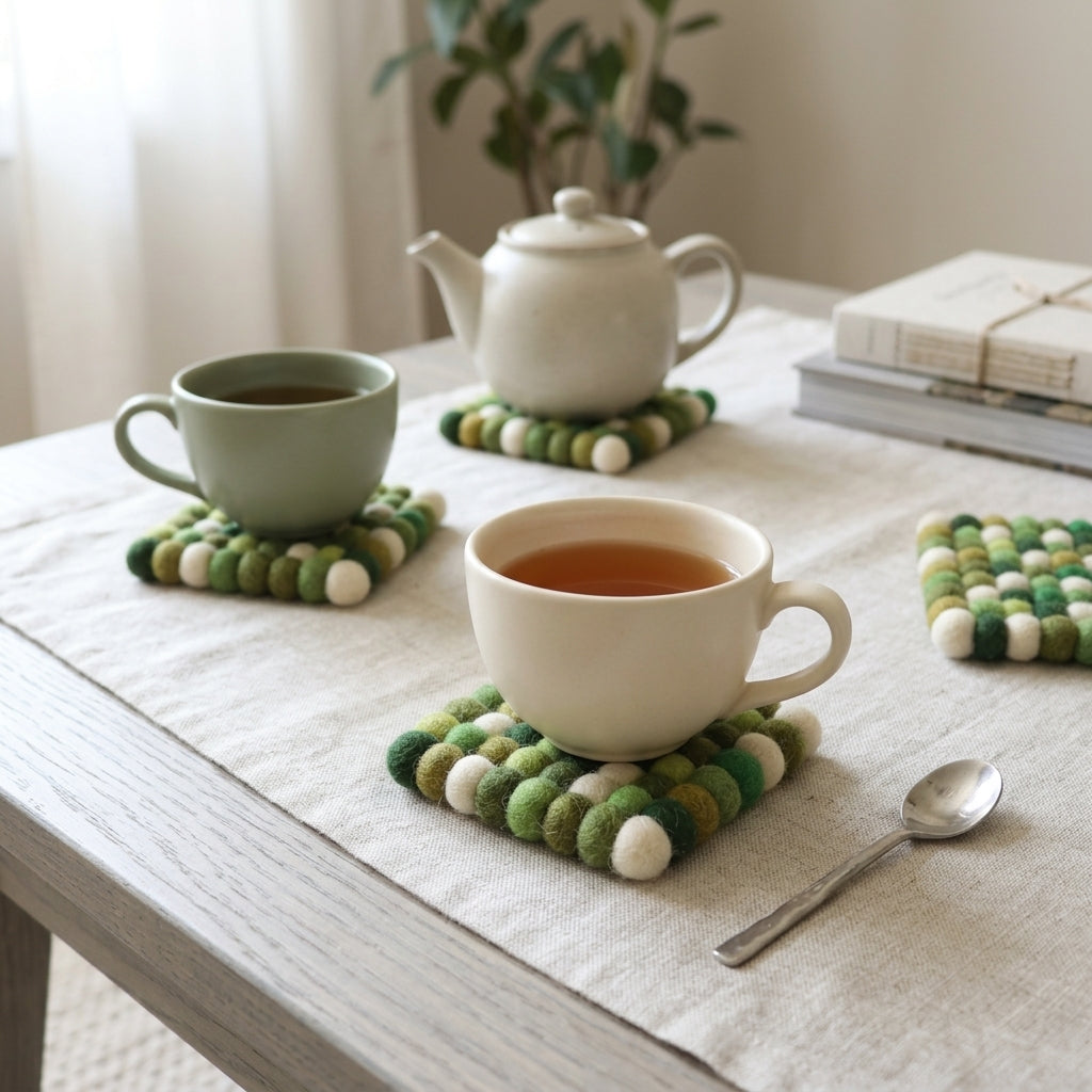 Handmade Green Felt Ball Coasters – Wool Drink Coaster Set