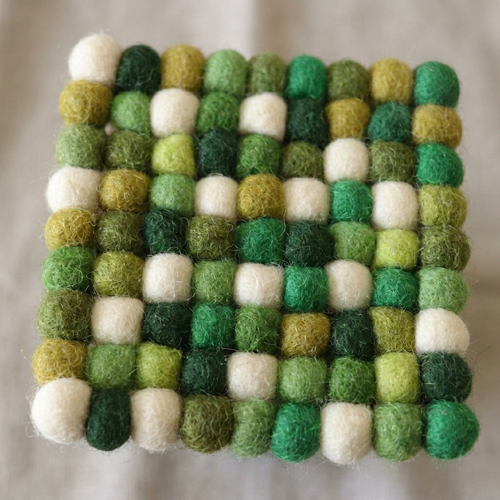 Handmade Green Felt Ball Coasters – Wool Drink Coaster Set