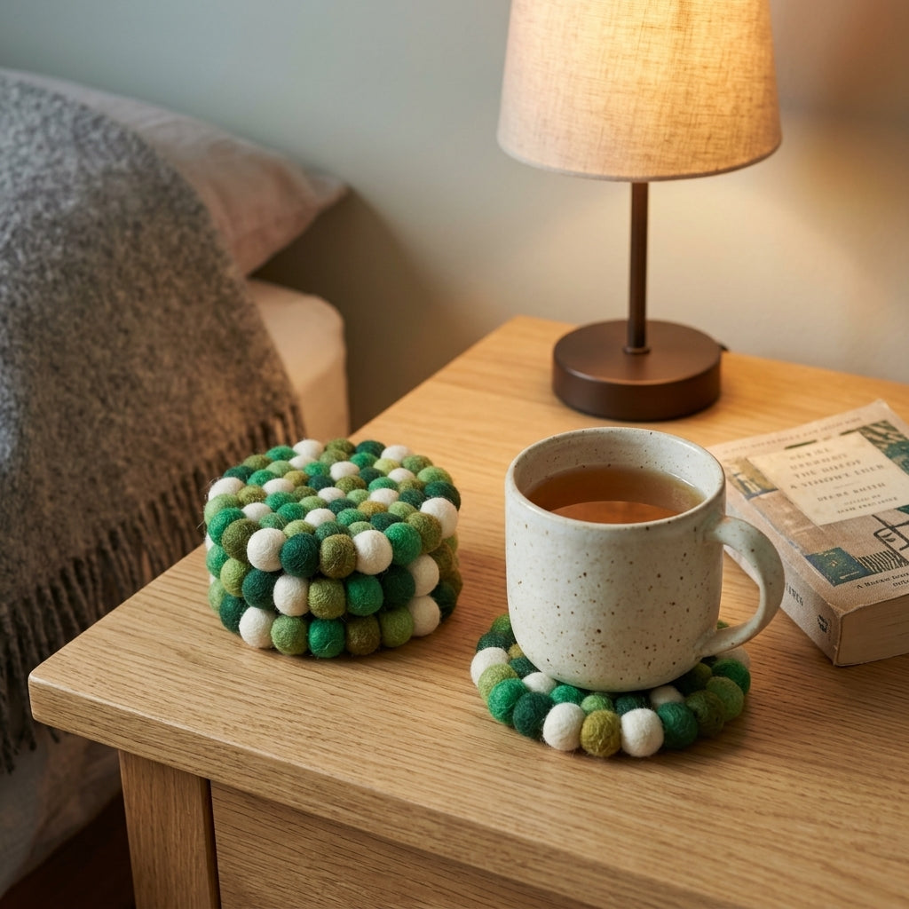 Handmade Green Felt Ball Coasters – Wool Drink Coaster Set