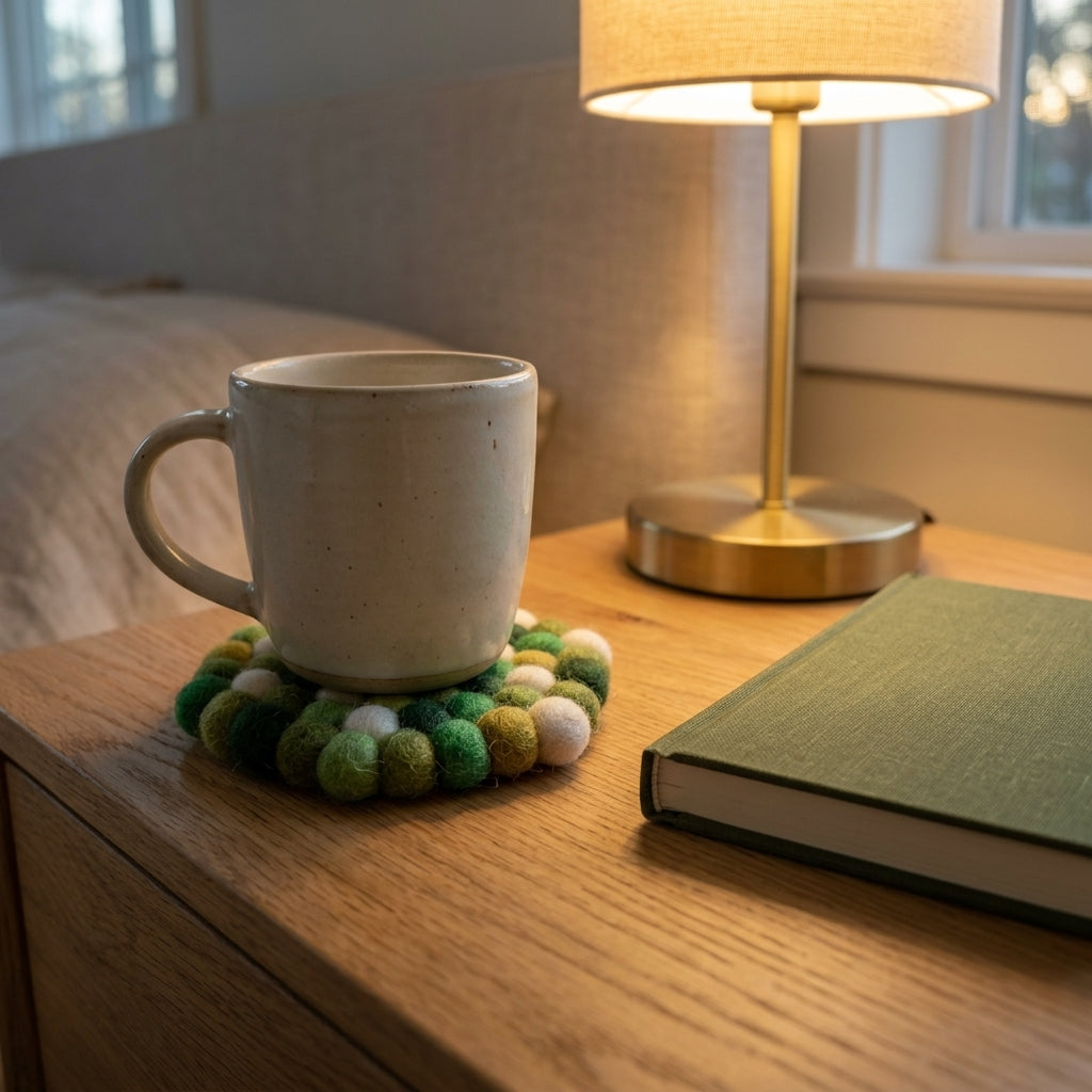 Handmade Green Felt Ball Coasters – Wool Drink Coaster Set