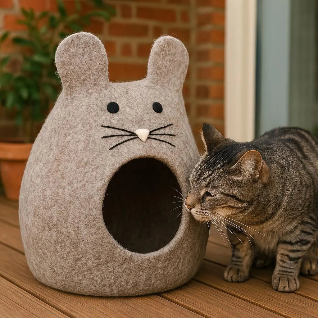 Handmade Mouse Wool Cat Cave Bed – Grey Felt Pet House