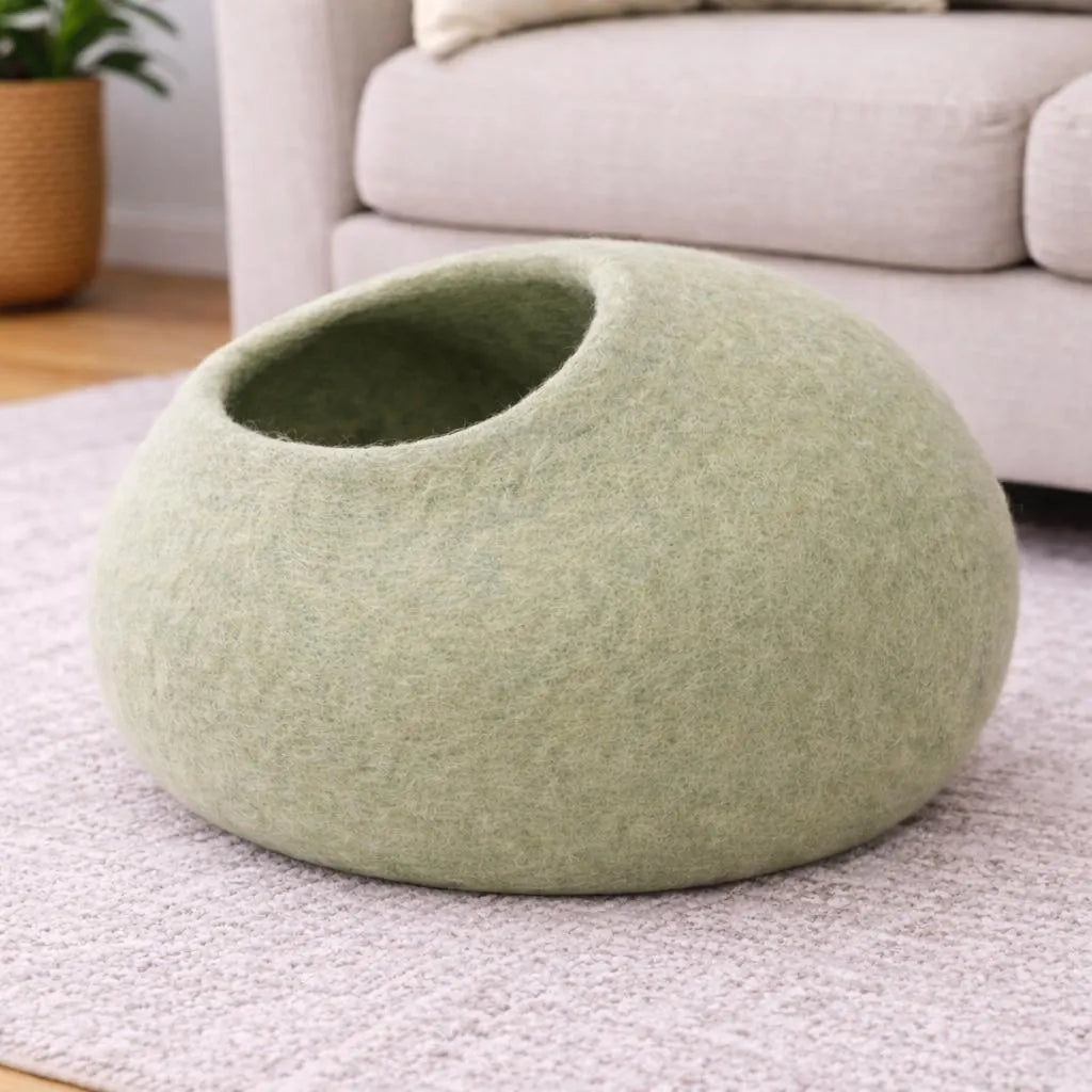 Handmade Wool Cat Cave Bed – Sage Green Felt Pet House