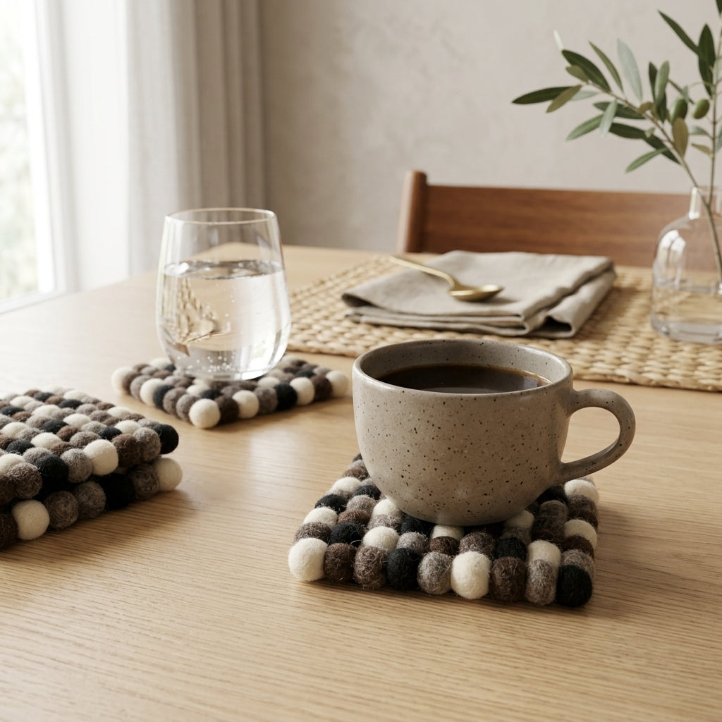 Handmade Monochrome Felt Ball Coasters – Wool Drink Coaster Set