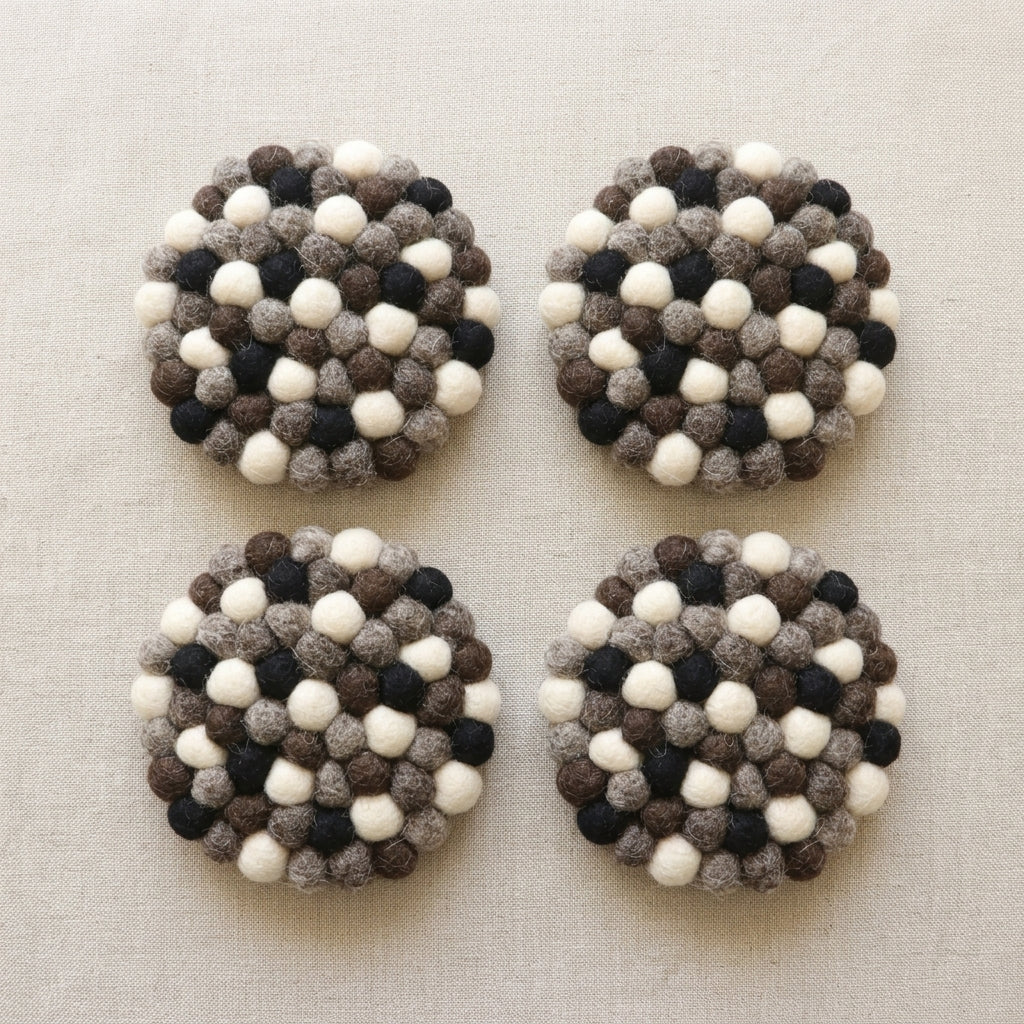 Handmade Monochrome Felt Ball Coasters – Wool Drink Coaster Set