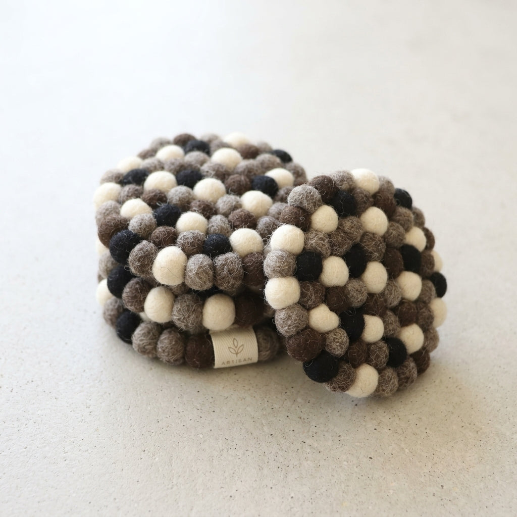 Handmade Monochrome Felt Ball Coasters – Wool Drink Coaster Set
