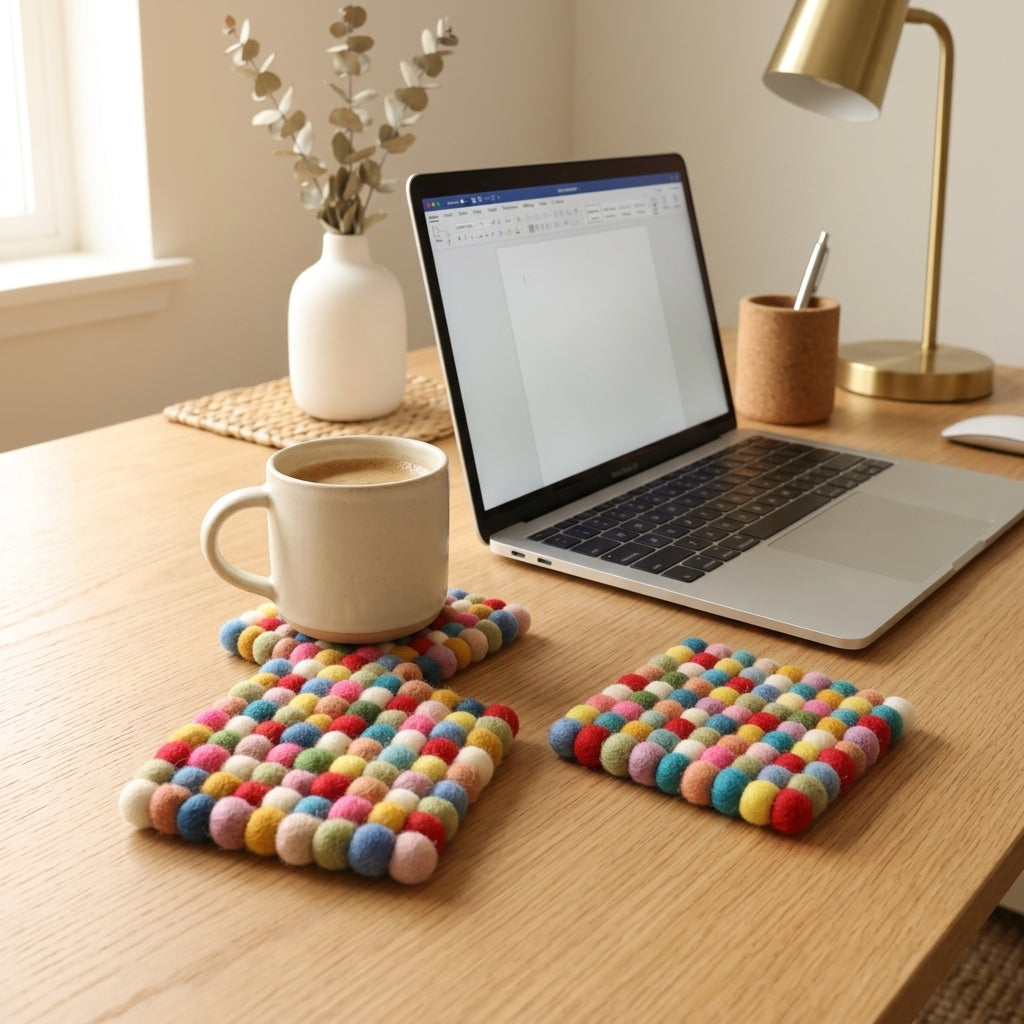 Handmade Multicolor Felt Ball Coasters – Wool Drink Coaster Set