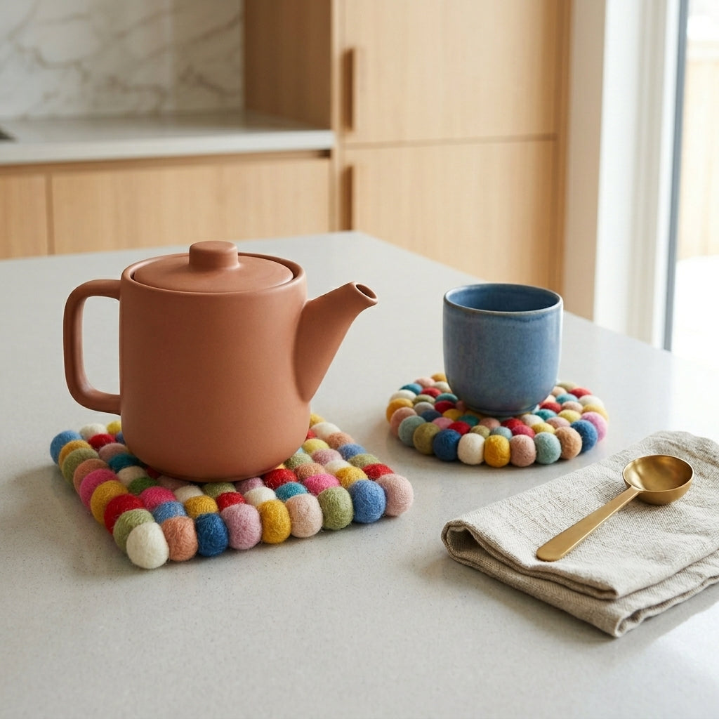 Handmade Multicolor Felt Ball Coasters – Wool Drink Coaster Set