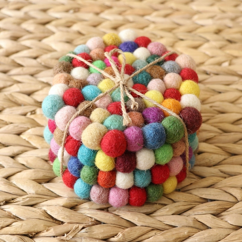 Handmade Multicolor Felt Ball Coasters – Wool Drink Coaster Set