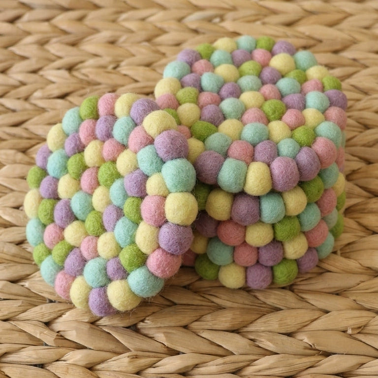 Handmade Pastel Felt Ball Coasters – Wool Drink Coaster Set