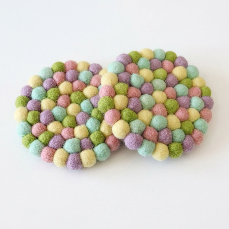Handmade Pastel Felt Ball Coasters – Wool Drink Coaster Set
