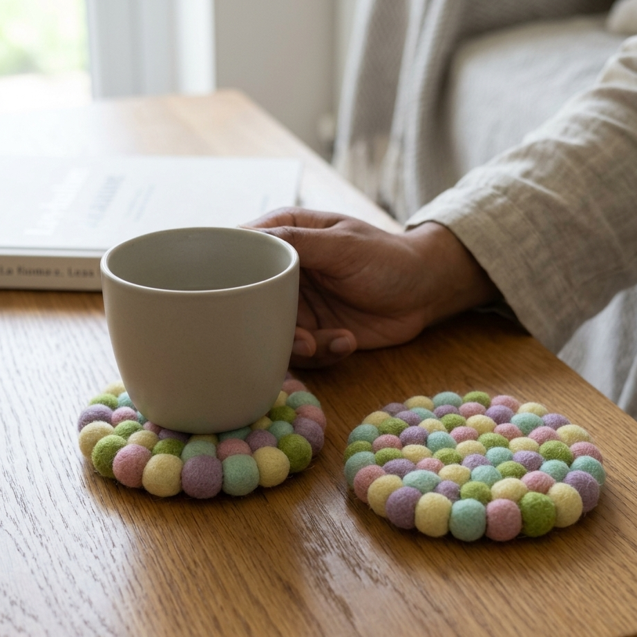 Handmade Pastel Felt Ball Coasters – Wool Drink Coaster Set