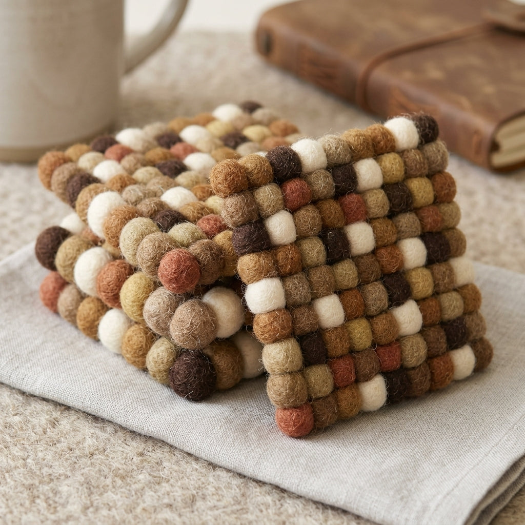 Handmade Felt Ball Coasters – Earth Tone Wool Drink Coaster Set