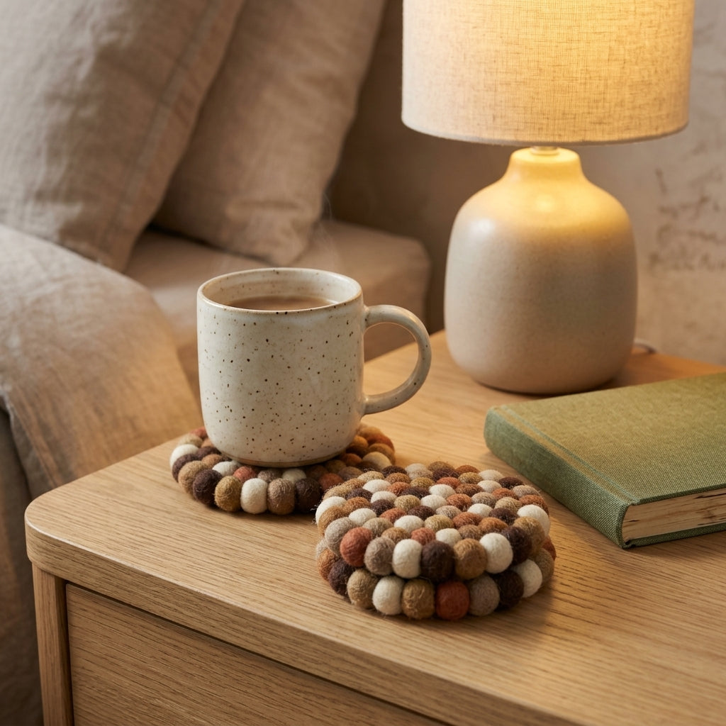 Handmade Felt Ball Coasters – Earth Tone Wool Drink Coaster Set