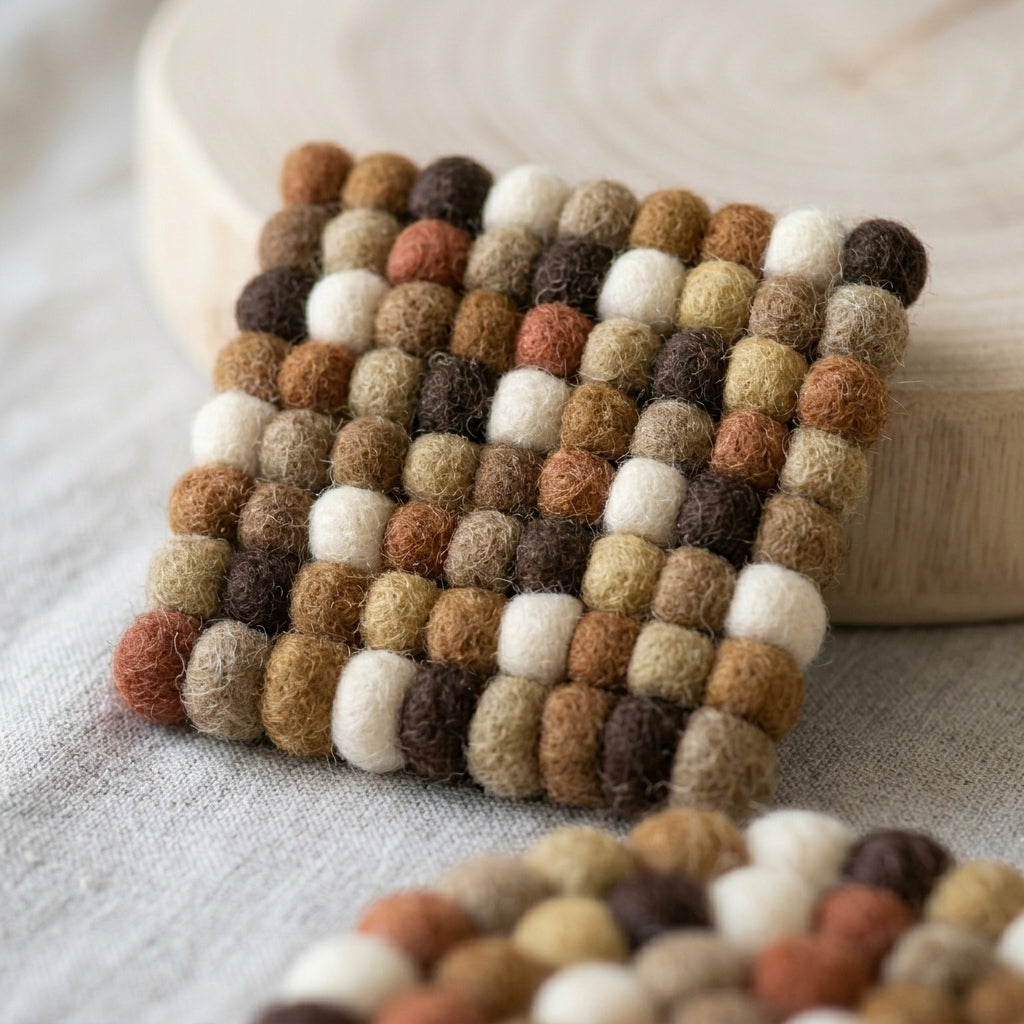Handmade Felt Ball Coasters – Earth Tone Wool Drink Coaster Set