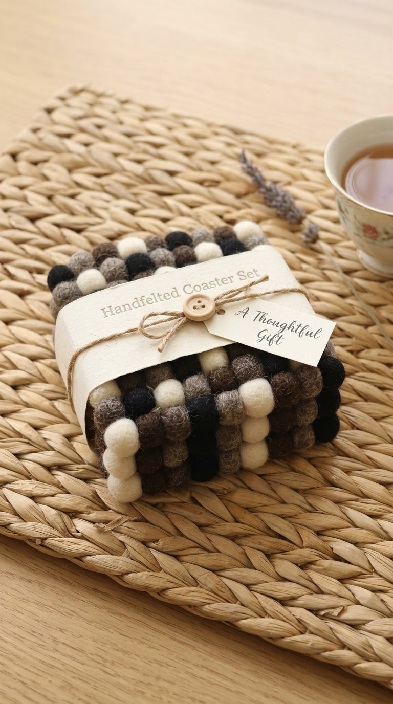 Handmade Monochrome Felt Ball Coasters – Wool Drink Coaster Set
