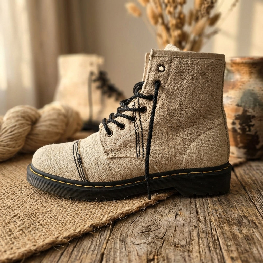 Natural White Hemp Boots – Organic Ankle-High Lace-Up Footwear