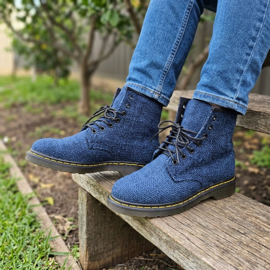 Hemp Hiking Boots (Blue) – Rugged Ankle High Outdoor Footwear